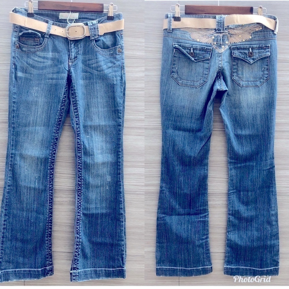 Tyte Jeans Flare Denim Size 5 Low Rise Wing Heart Embroidered Y2K Belted